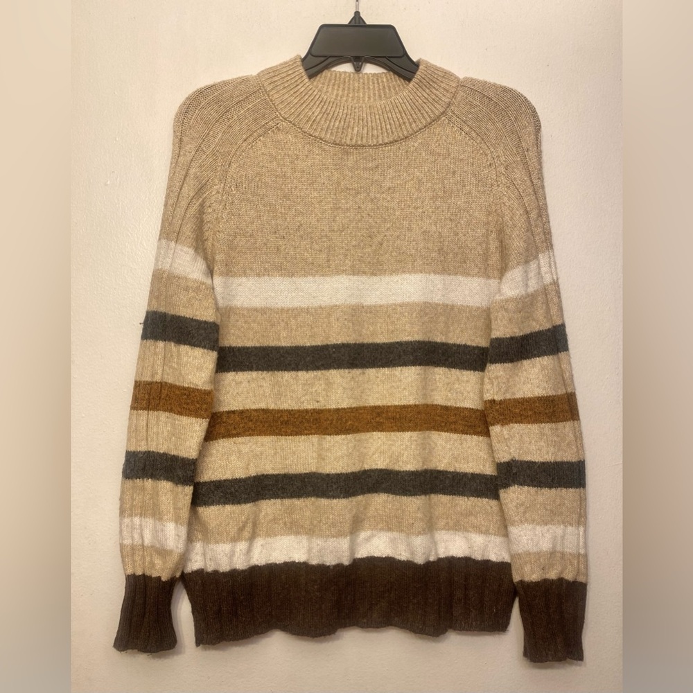 St. John's Bay Beige Brown Gray‎ Striped Knit Crewneck Sweater Women’s Large